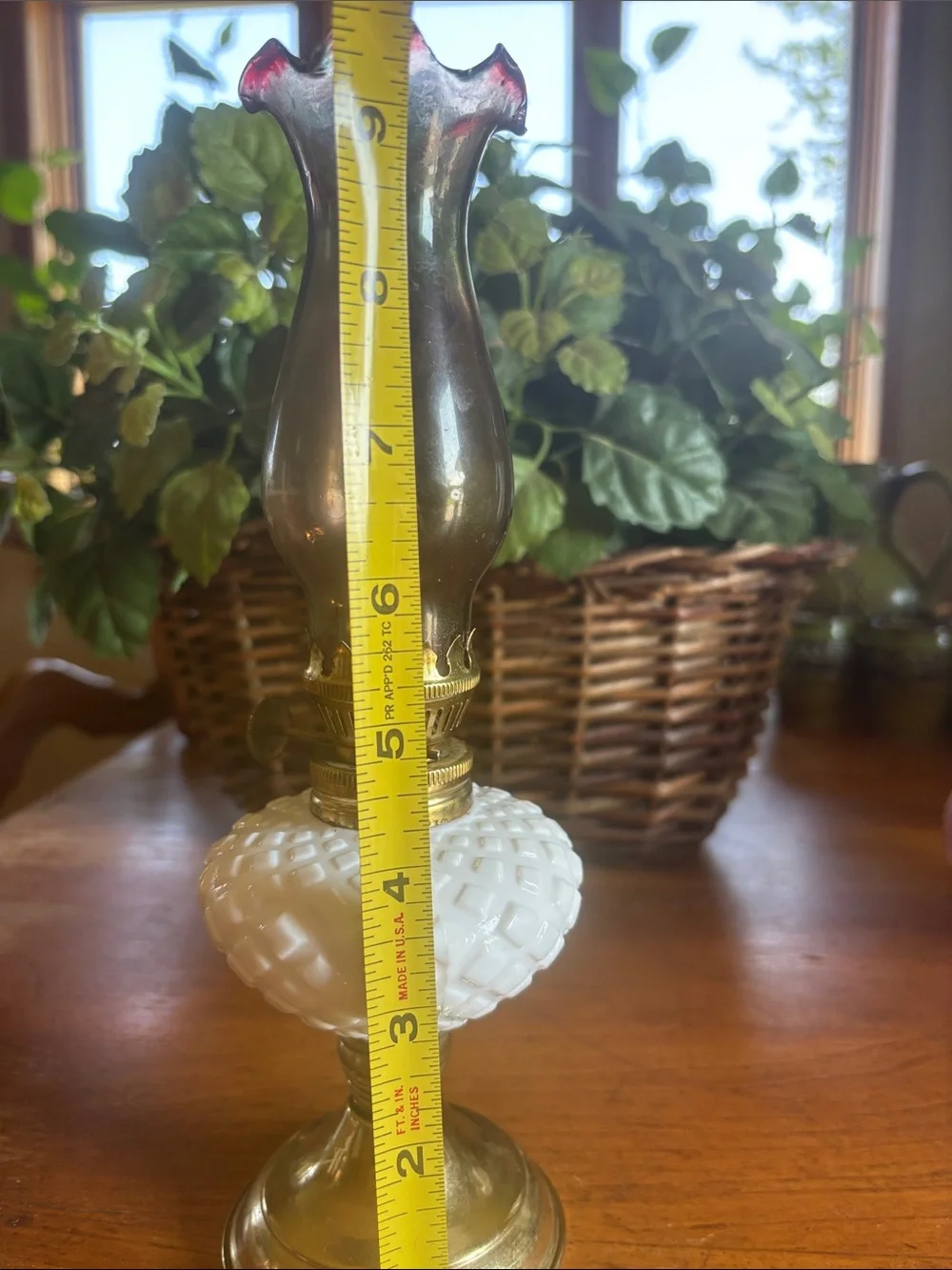 Vintage diamond design milk glass with brass tone base hurricane mini oil lamp